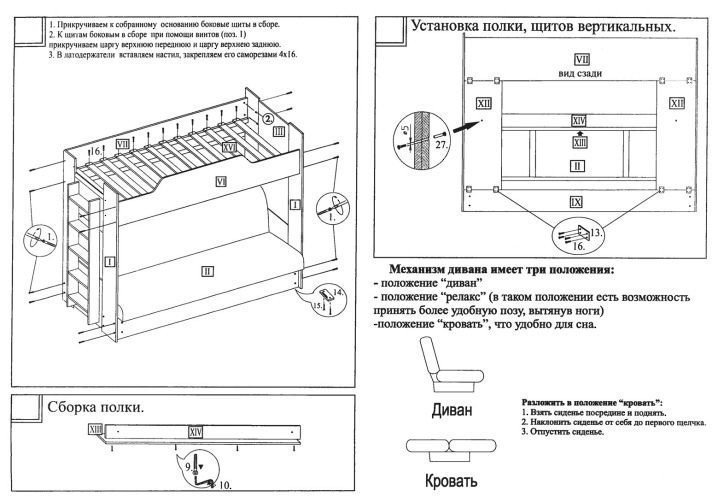 Схема сборки двухъярусной кровати с диваном