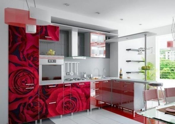 Кухня с красными розами на стену