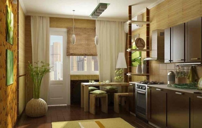 Дизайн проходной кухни с обоями под бамбук